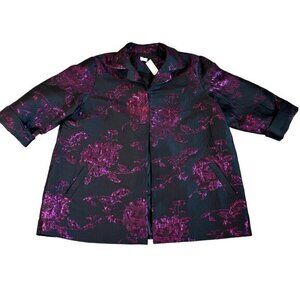Chicos Jacket Size 4 Brocade Open Front Formal NWT‎ Metalic Floral Print Black